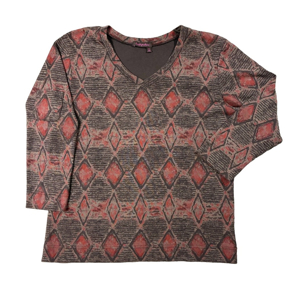 Fresh Produce 3/4 Sleeve V-neck Tee Santa Fe Print Earth Tones Women's XL Boho